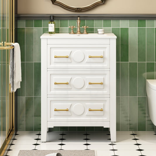24'' Bathroom Vanity with Ceramic Sink Combo, Free Standing Single Vanity Set with 3 Drawers, Solid Wood Frame Bathroom Storage Cabinet, White