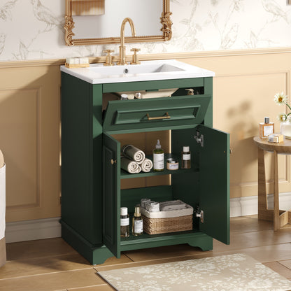 24" Bathroom Vanity with Integrated Ceramic Sink, Bathroom Cabinet with 2 Doors, 1 Tip-Out Drawer, Single Sink Bathroom Vanity for Small and Medium Restroom, Green