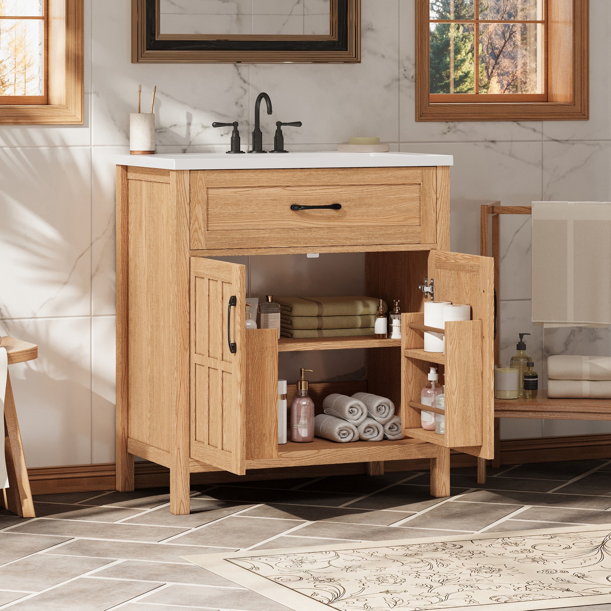 30 Inch Bathroom Vanity - Natural Wood Sink Cabinet
