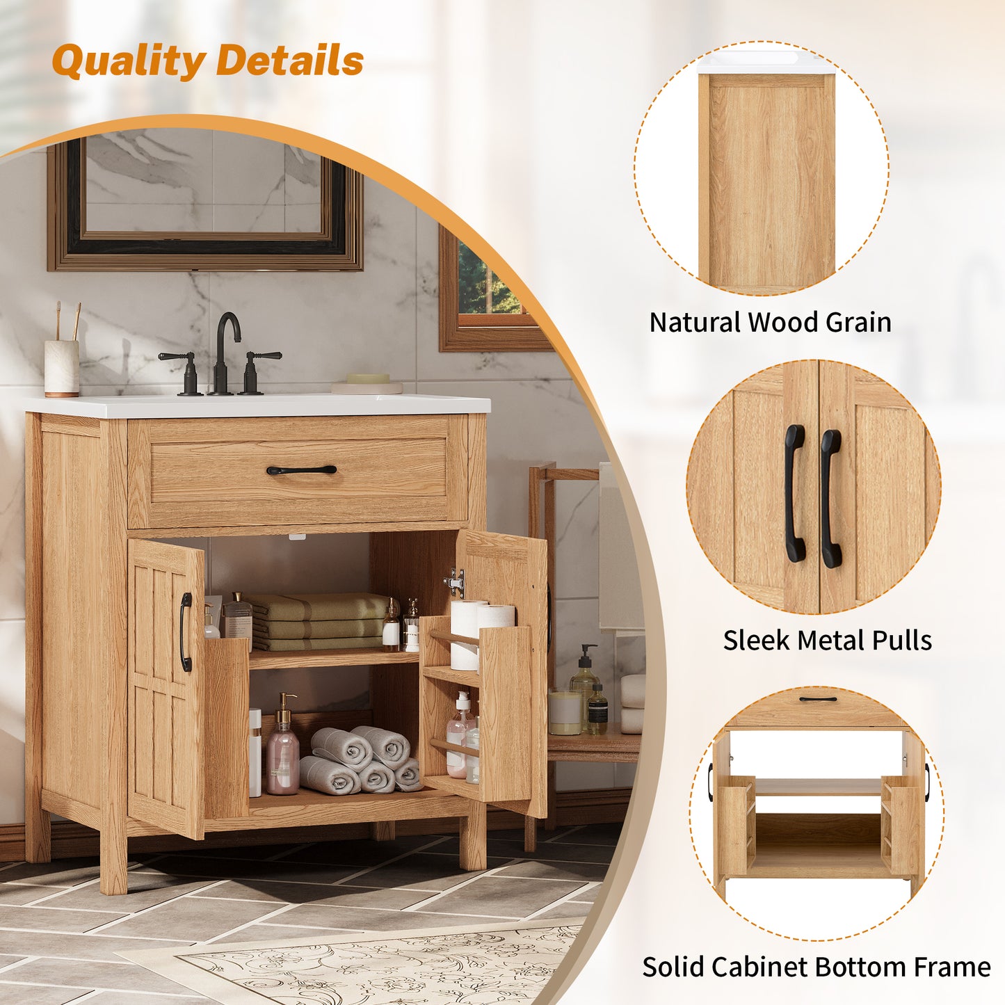 30 Inch Bathroom Vanity - Natural Wood Sink Cabinet