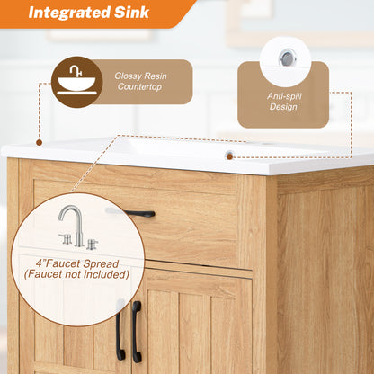 30 Inch Bathroom Vanity - Natural Wood Sink Cabinet