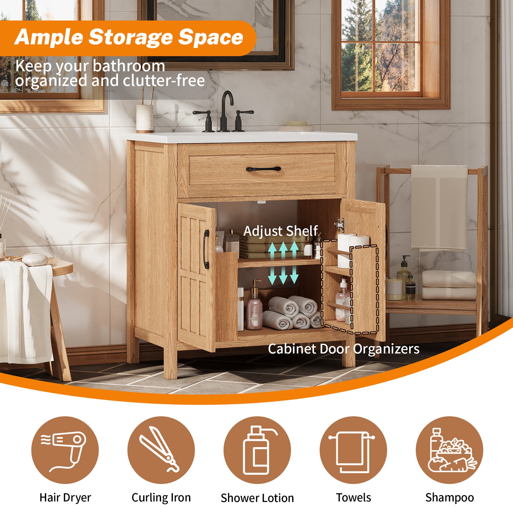30 Inch Bathroom Vanity - Natural Wood Sink Cabinet