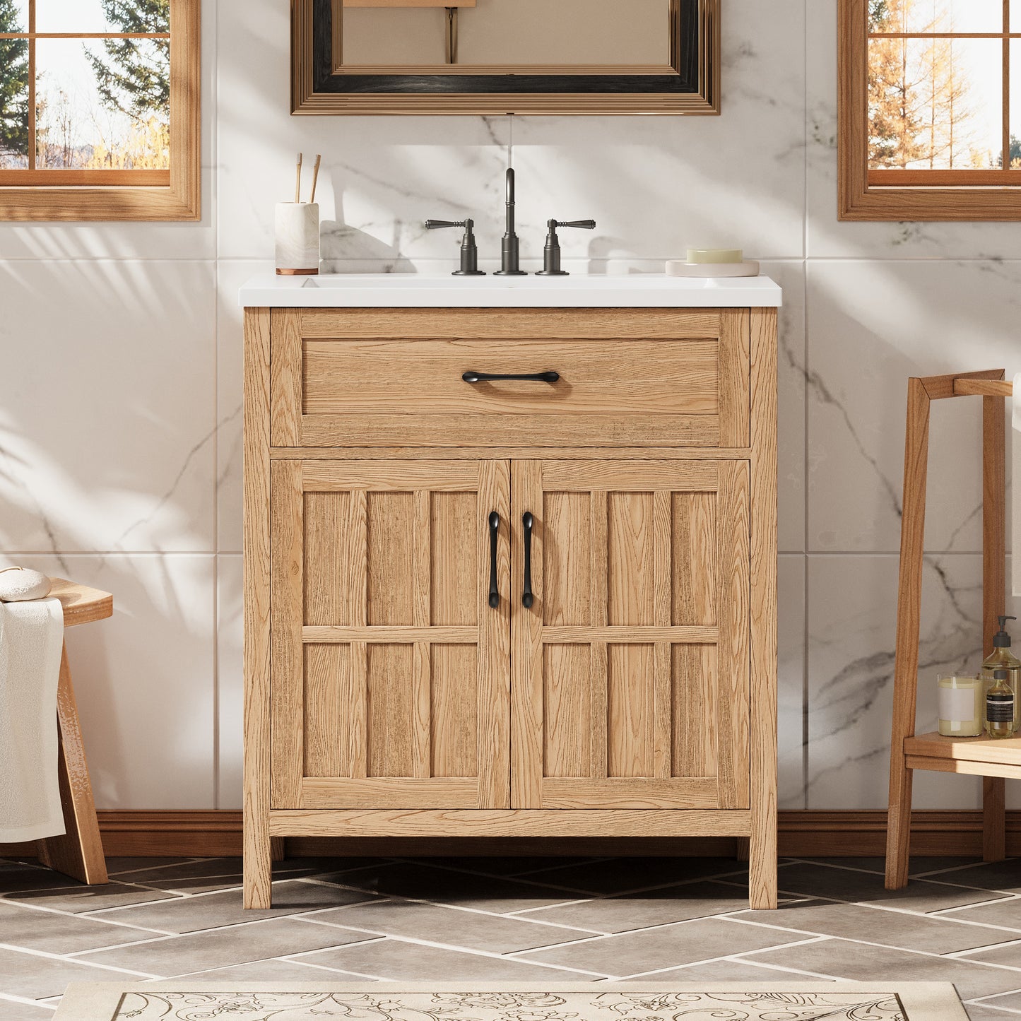 30" Bathroom Vanity with Resin Sink, Solid Wood Frame Bathroom Sink Cabinet with Adjustable Shelf, Cabinet Door Organizers, Natural Wood Grain