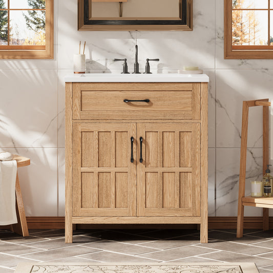 30" Bathroom Vanity with Resin Sink, Solid Wood Frame Bathroom Sink Cabinet with Adjustable Shelf, Cabinet Door Organizers, Natural Wood Grain