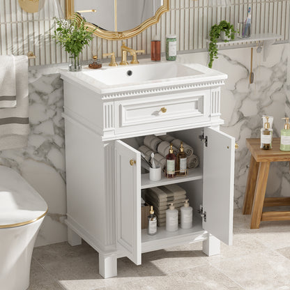White Ceramic Bathroom Vanity - 24" Vintage Storage Cabinet
