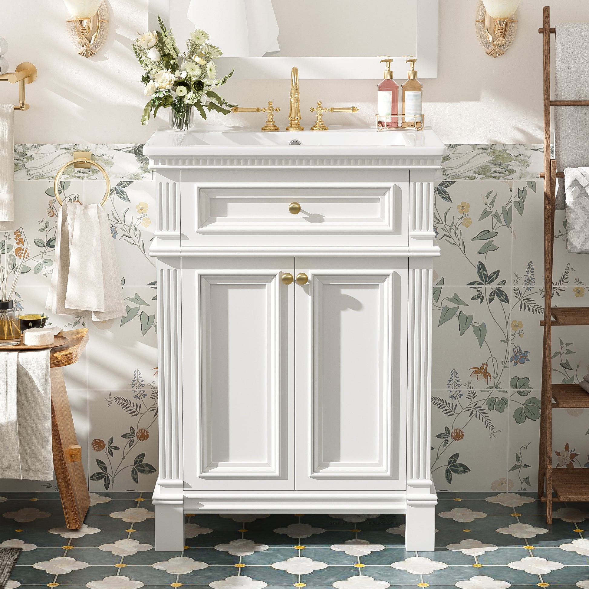 White Ceramic Bathroom Vanity - 24" Vintage Storage Cabinet