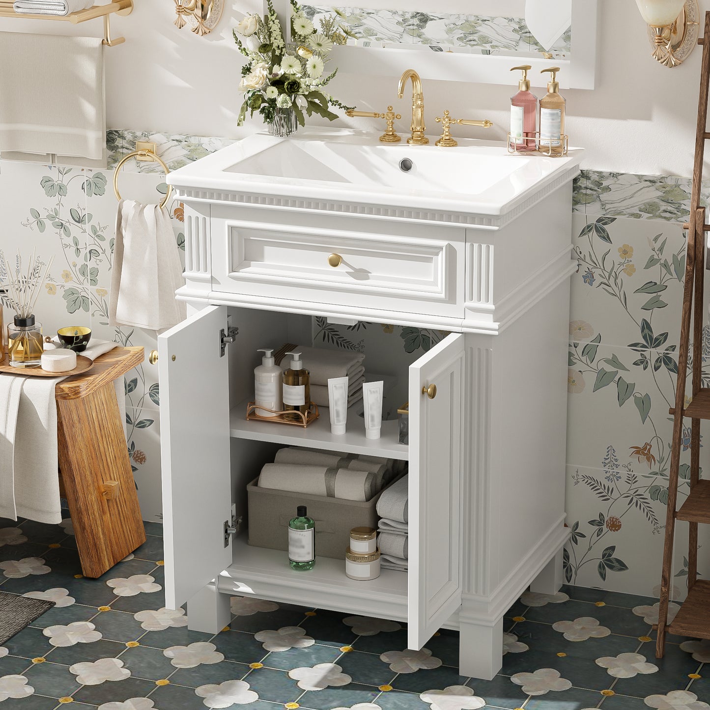 White Ceramic Bathroom Vanity - 24" Vintage Storage Cabinet