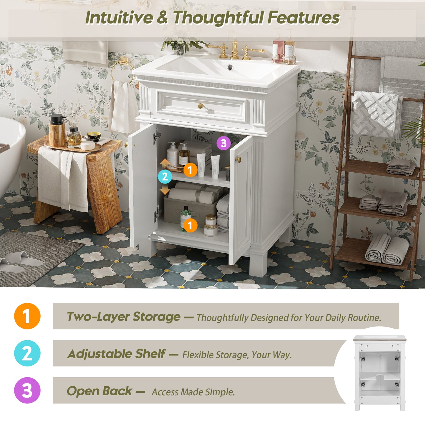 White Ceramic Bathroom Vanity - 24" Vintage Storage Cabinet