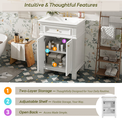 White Ceramic Bathroom Vanity - 24" Vintage Storage Cabinet