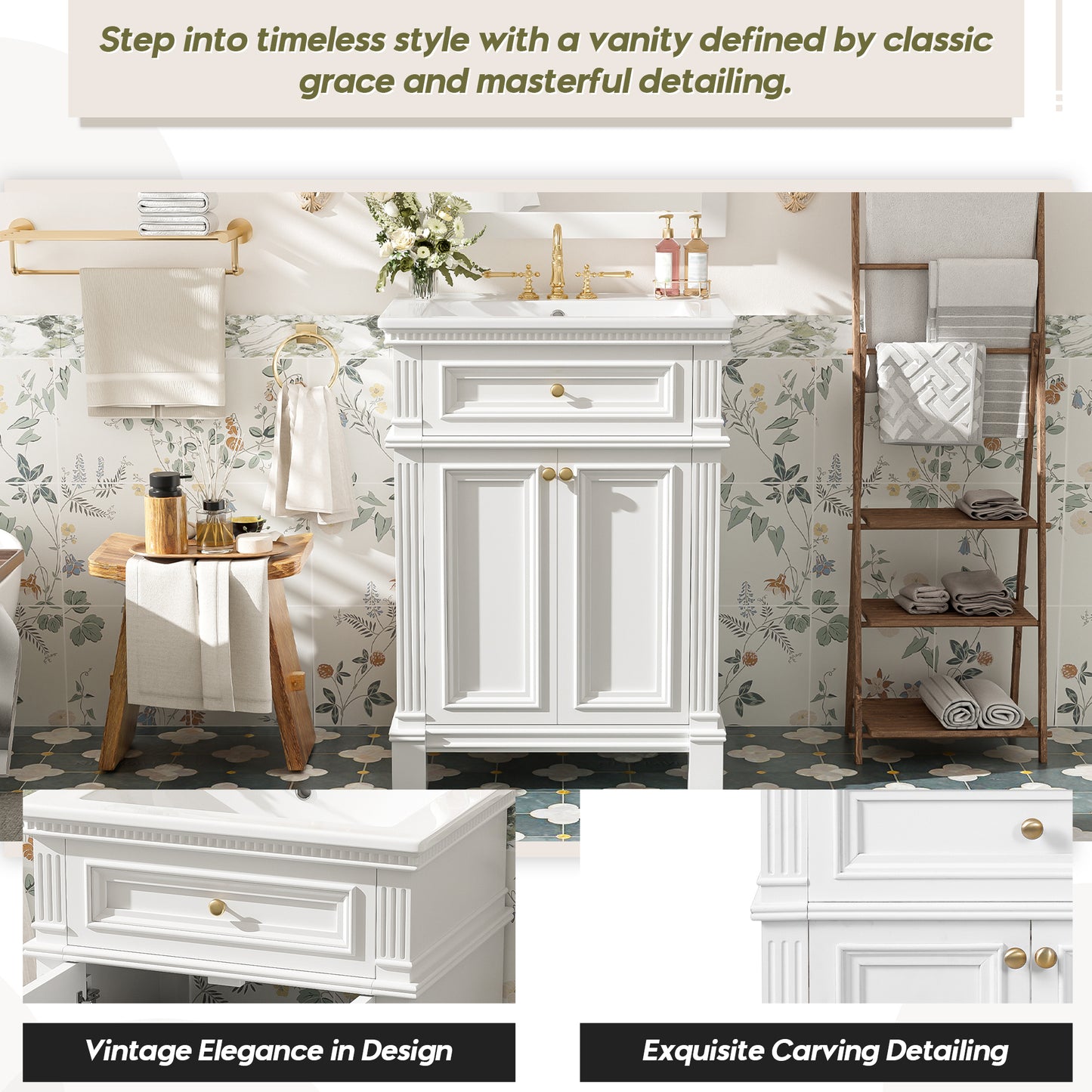 White Ceramic Bathroom Vanity - 24" Vintage Storage Cabinet