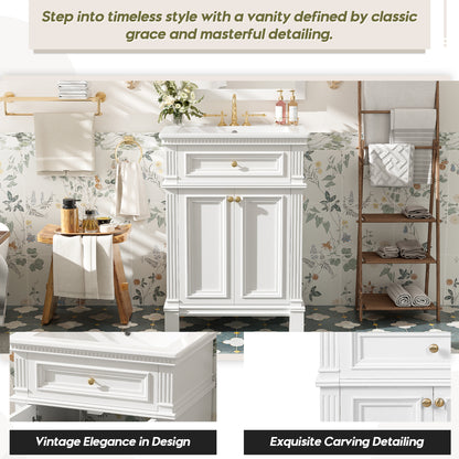 White Ceramic Bathroom Vanity - 24" Vintage Storage Cabinet