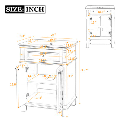 White Ceramic Bathroom Vanity - 24" Vintage Storage Cabinet