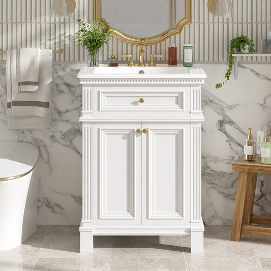 24'' Vintage Elegance Bathroom Cabinet with Soft Closing Doors and Adjustable Shelf, Bathroom Vanity with Ceramic Sink