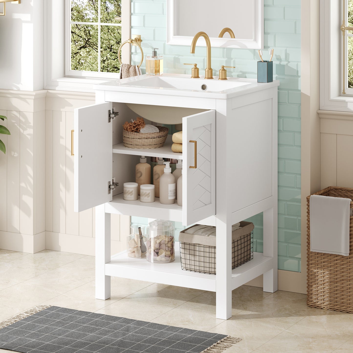 White Ceramic Bathroom Vanity - 24" with Adjustable Shelf