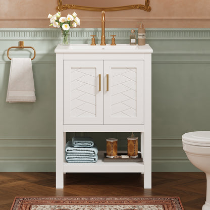 White Ceramic Bathroom Vanity - 24" with Adjustable Shelf
