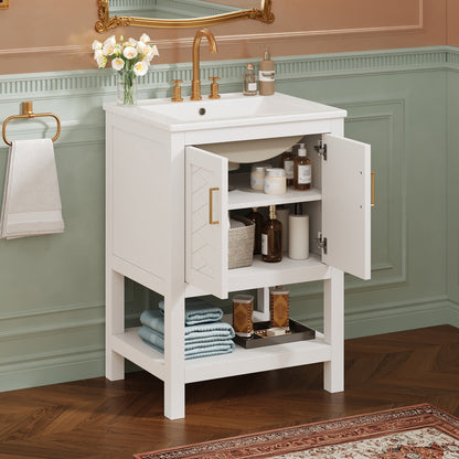 White Ceramic Bathroom Vanity - 24" with Adjustable Shelf