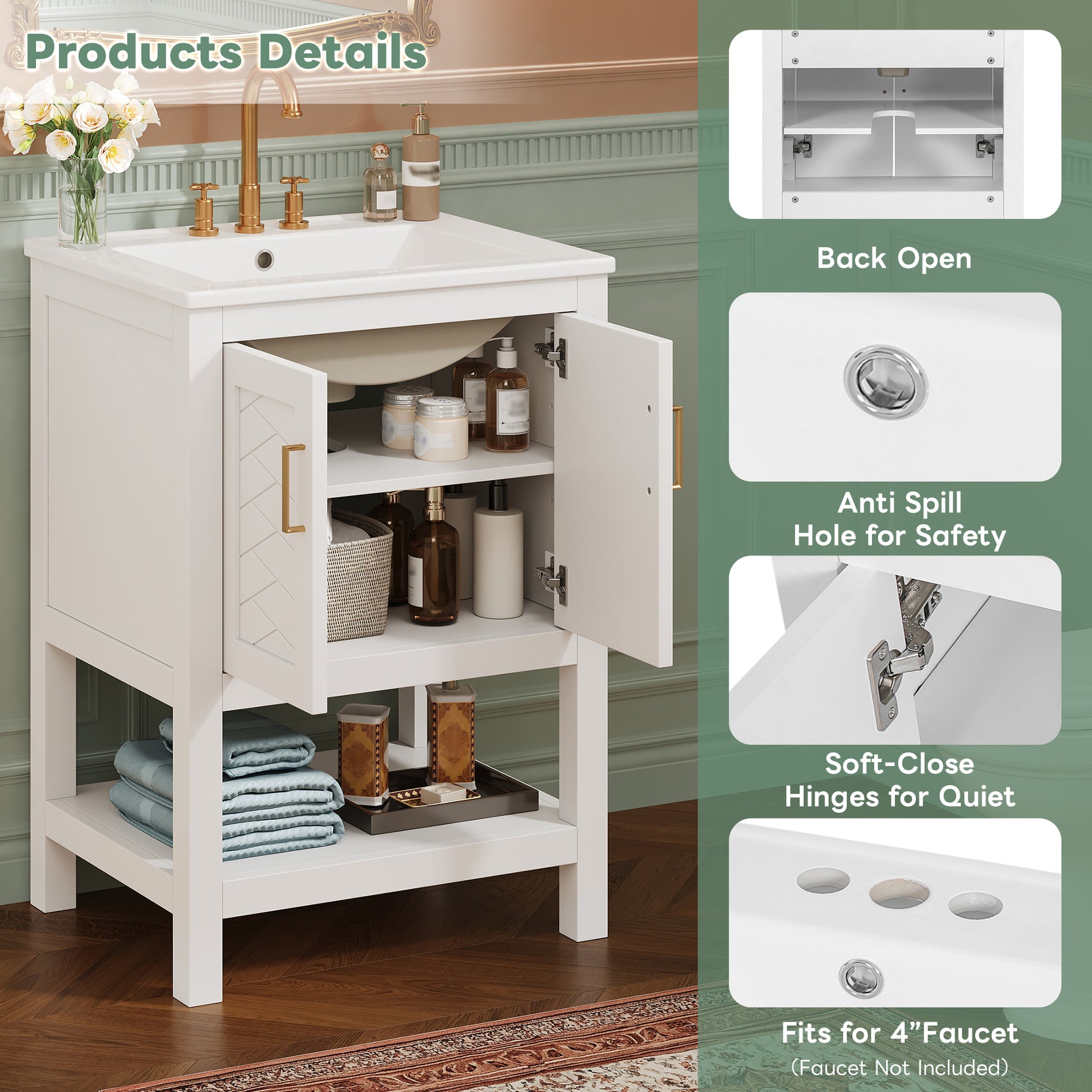 White Ceramic Bathroom Vanity - 24" with Adjustable Shelf