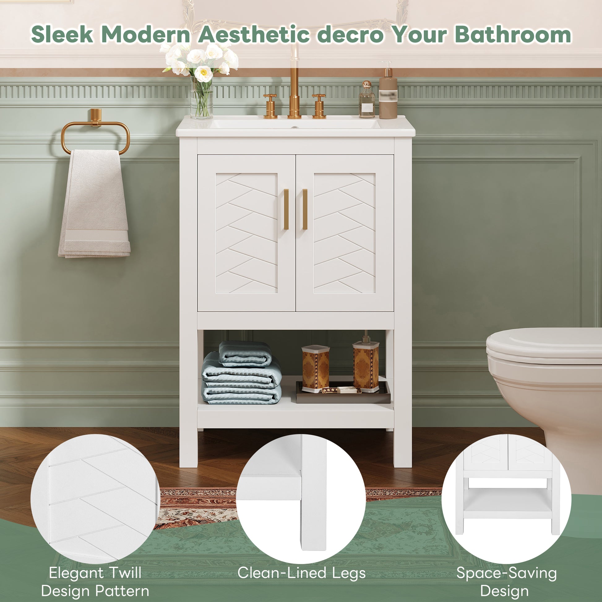 White Ceramic Bathroom Vanity - 24" with Adjustable Shelf