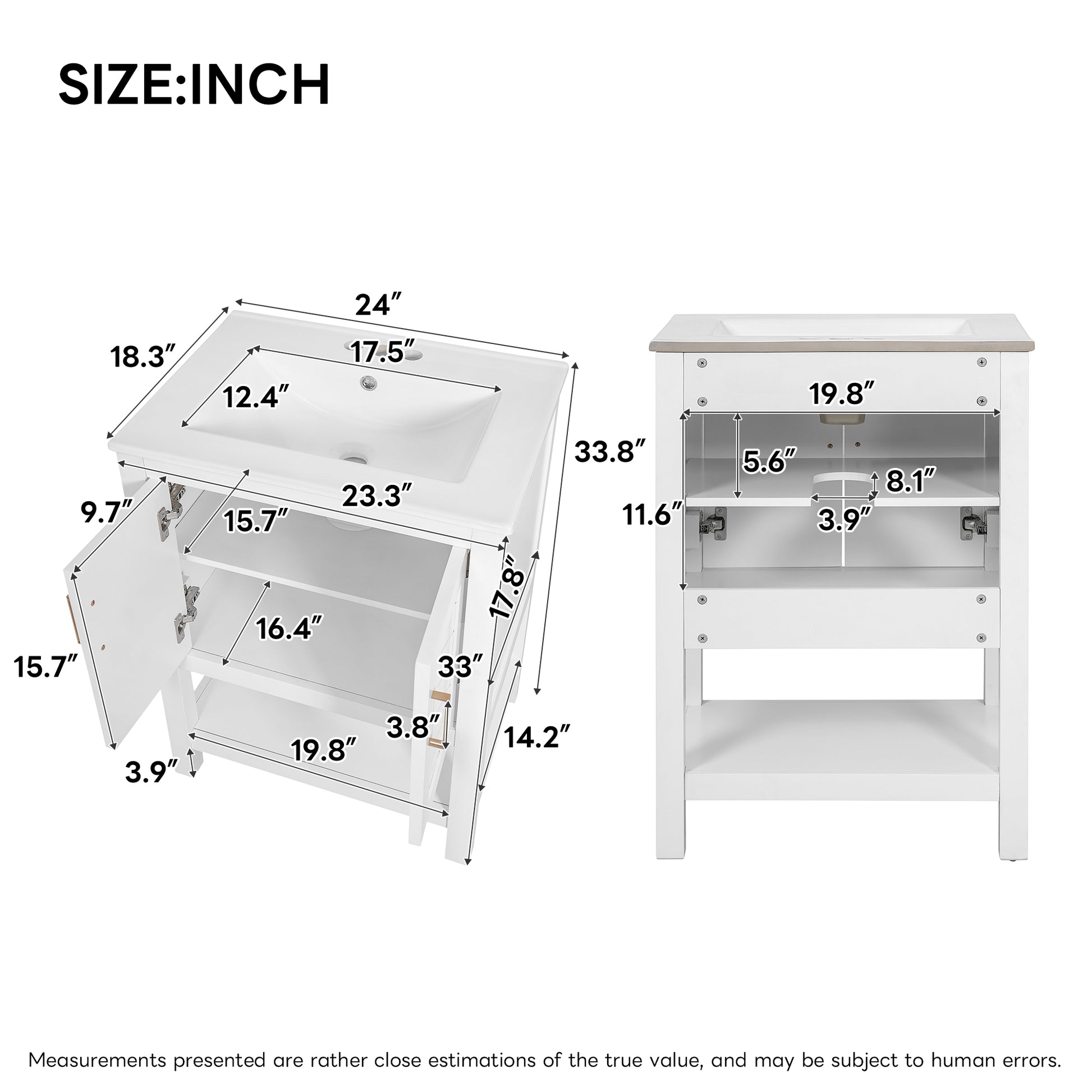 White Ceramic Bathroom Vanity - 24" with Adjustable Shelf
