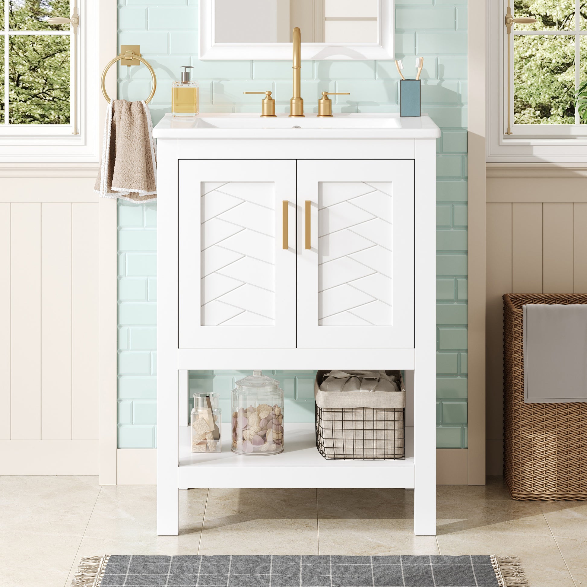 24" Modern Bathroom Vanity with Elegant Twill Design & Soft-Close Hinges, Bathroom Cabinet with Back Open Structure, Adjustable Shelf