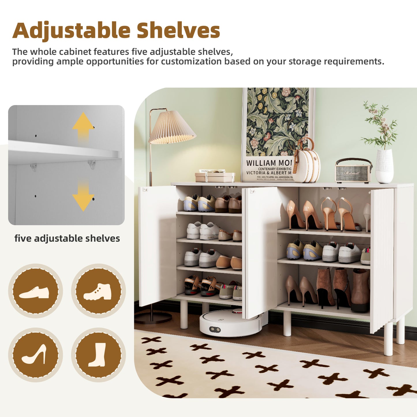Minimalist White Shoe Cabinet - 5 Solid Wood Legs, Adjustable Shelves