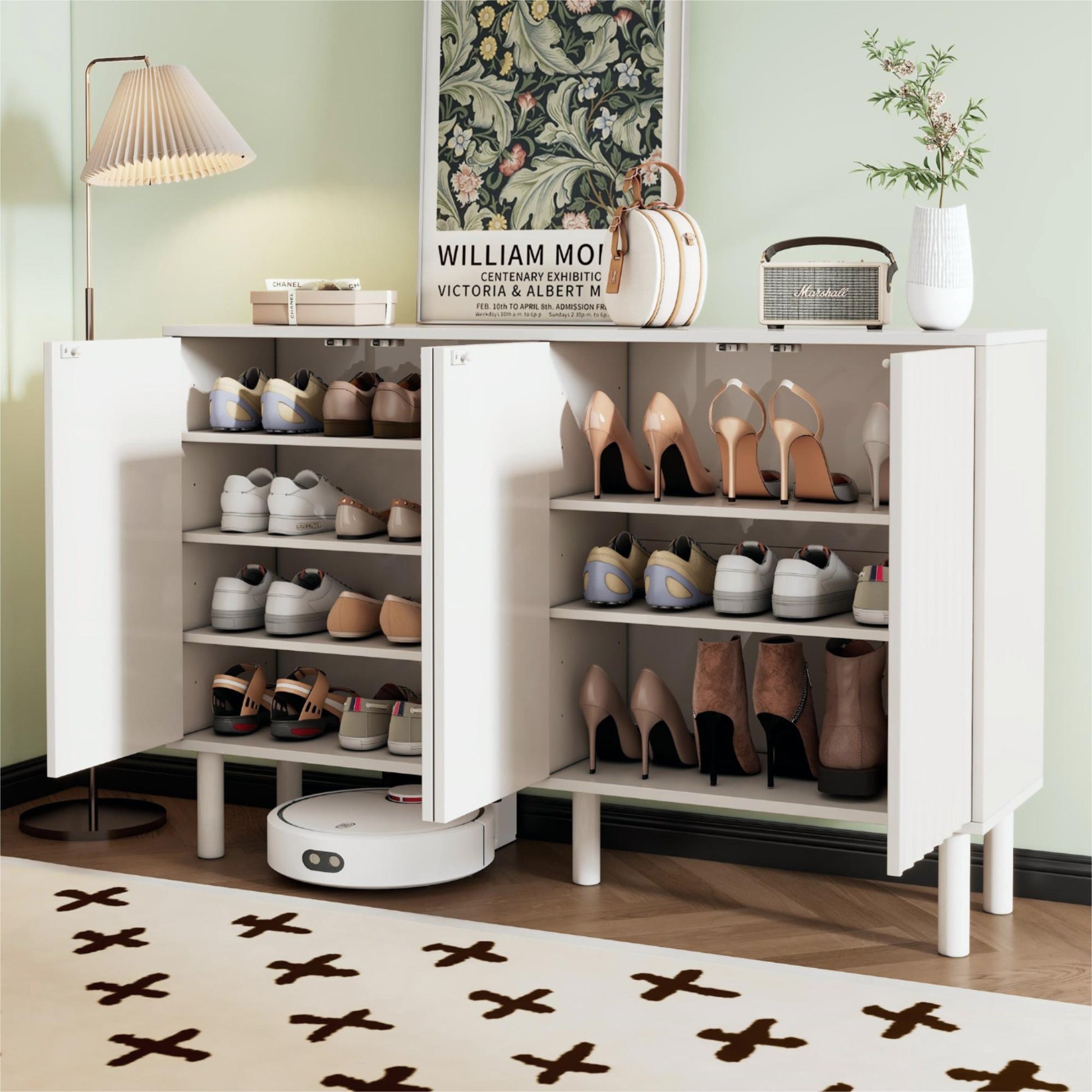 ON-TREND Minimalist Shoe Cabinet with 5 Solid Wood Legs, Cream Style Sideboard Buffet Cabinet with Fluted Doors, Large 4-Door Storage Cabinet with Adjustable Shelves for Living Room, White, 55.1*13.7"