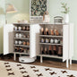ON-TREND Minimalist Shoe Cabinet with 5 Solid Wood Legs, Cream Style Sideboard Buffet Cabinet with Fluted Doors, Large 4-Door Storage Cabinet with Adjustable Shelves for Living Room, White, 55.1*13.7"