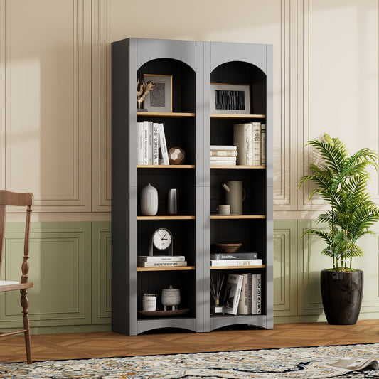 ON-TREND Free Standing 5 Tier Bookshelves, Bookcases Set of 2, Farmhouse Two-Tone Storage Cabinet with Adjustable Shelves, Modern 72"H Kitchen Pantry Cabinet for Living Room, Home Office, Grey