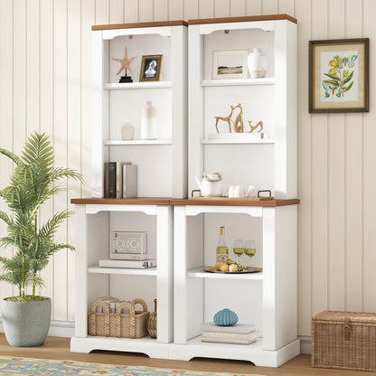 ON-TREND Two-Piece Elegant Freestanding Tall Cabinet with Fully Open Storage, Walnut Element Bookshelves with Curved Design, Stylish Display Bookcase with Anti-Tip Device for Living Room, White