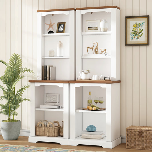 ON-TREND Two-Piece Elegant Freestanding Tall Cabinet with Fully Open Storage, Walnut Element Bookshelves with Curved Design, Stylish Display Bookcase with Anti-Tip Device for Living Room, White