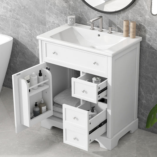 30" Bathroom Vanity with Sink Top, Bathroom Vanity Cabinet with Door and Two Drawers, MDF Boards, Solid Wood, One Package, White (Old Sku:N725P198484K)