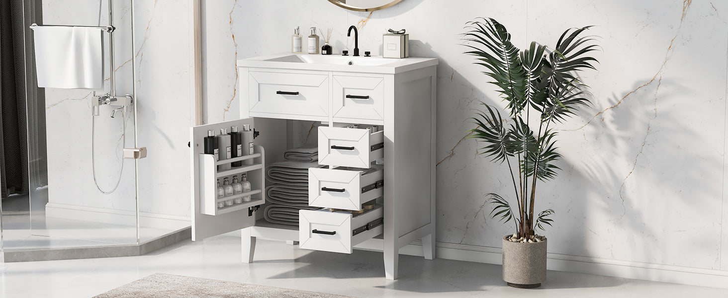 30" White Bathroom Vanity with Sink - Storage Cabinet & Drawers