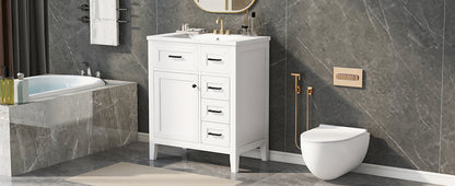 30" White Bathroom Vanity with Sink - Storage Cabinet & Drawers