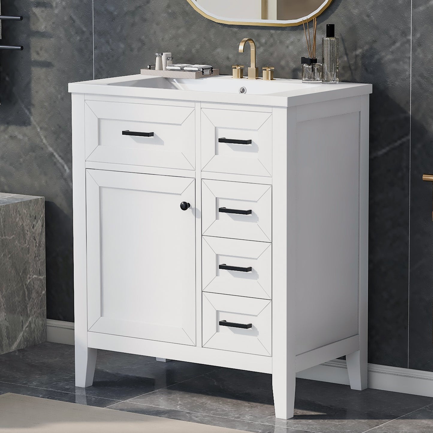 30" White Bathroom Vanity with Sink - Storage Cabinet & Drawers