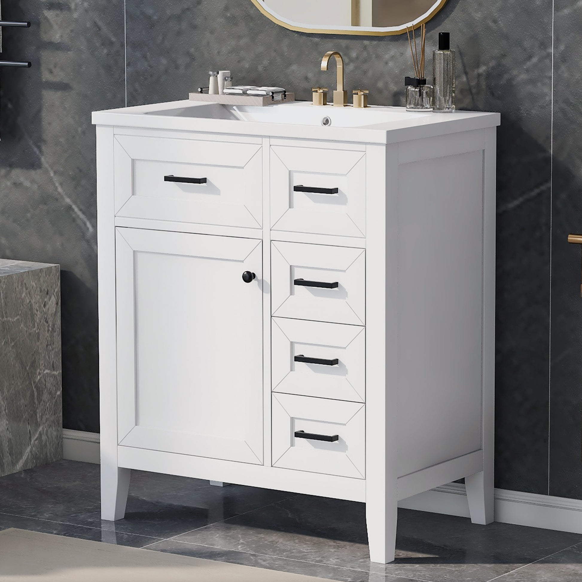 30" White Bathroom Vanity with Sink - Storage Cabinet & Drawers