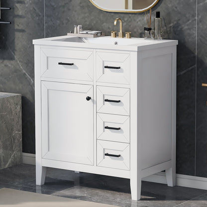 30" White Bathroom Vanity with Sink - Storage Cabinet & Drawers