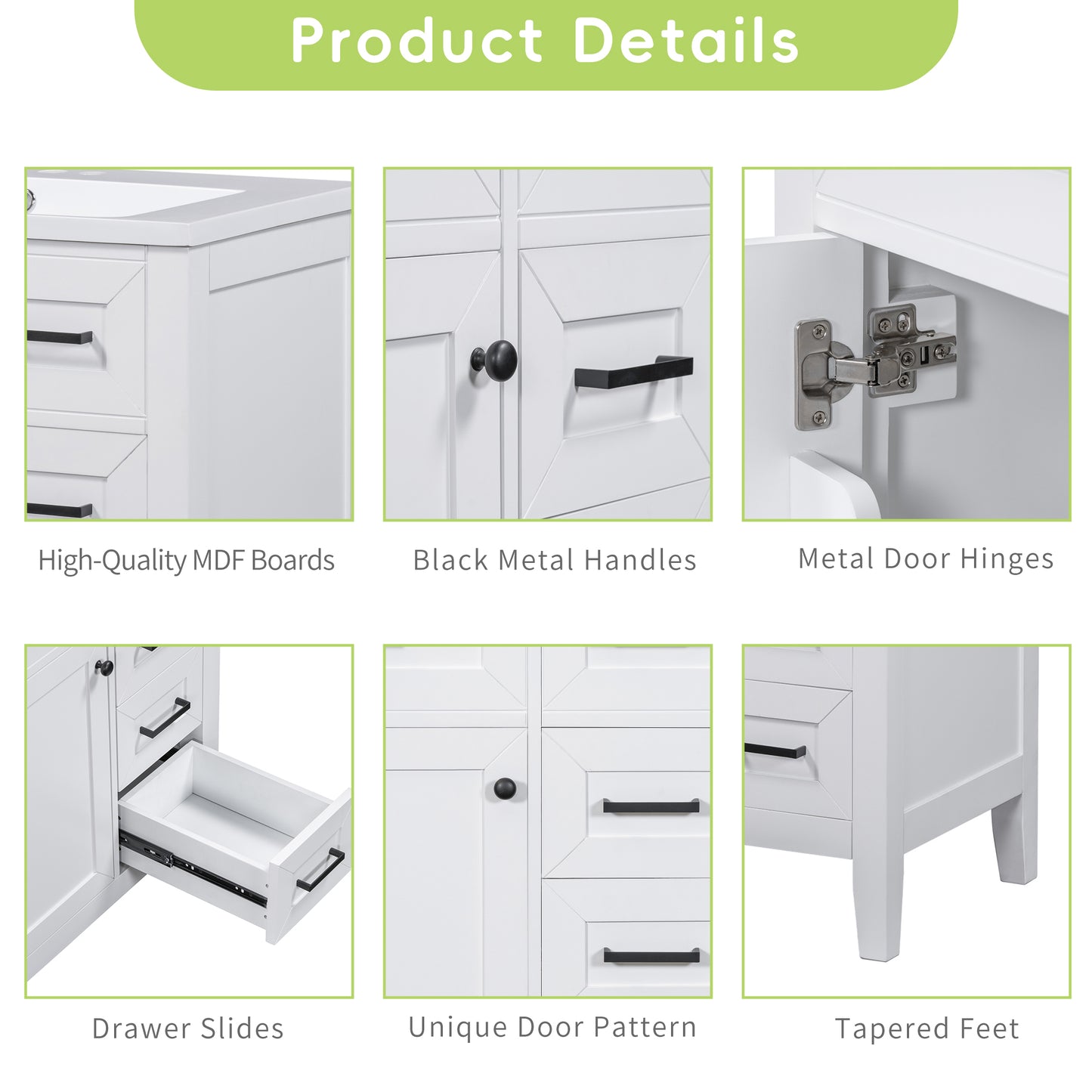 30" White Bathroom Vanity with Sink - Storage Cabinet & Drawers
