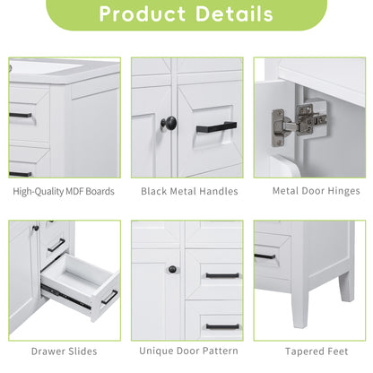 30" White Bathroom Vanity with Sink - Storage Cabinet & Drawers