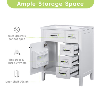 30" White Bathroom Vanity with Sink - Storage Cabinet & Drawers