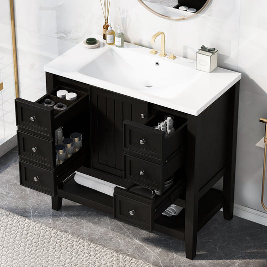 36" Bathroom Vanity with Sink Combo, One Cabinet and Three Drawers, Solid Wood and MDF Board, Black (Old Sku:SY999505AAB)