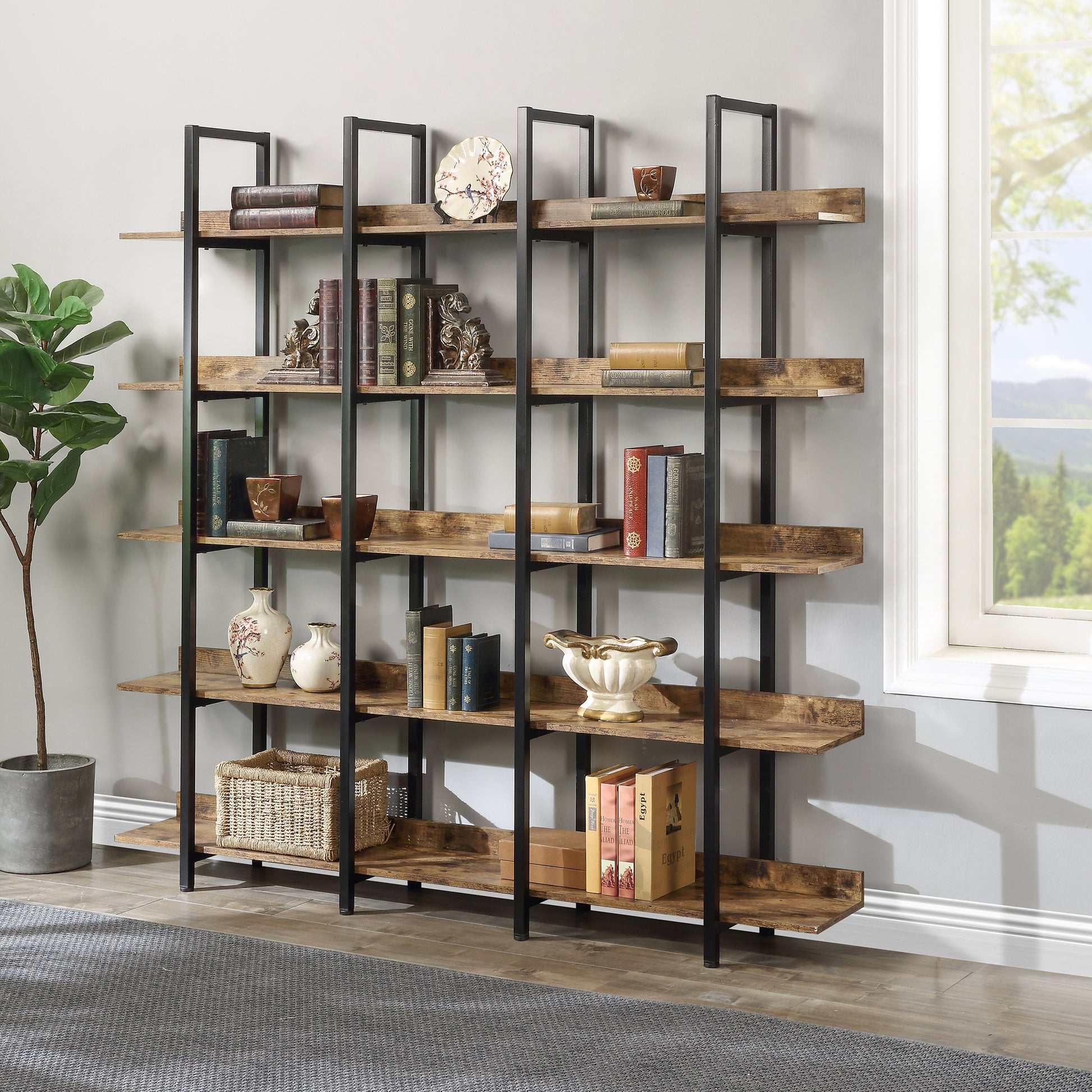 70.9" Brown MDF Steel Bookshelf - Five Tier Storage