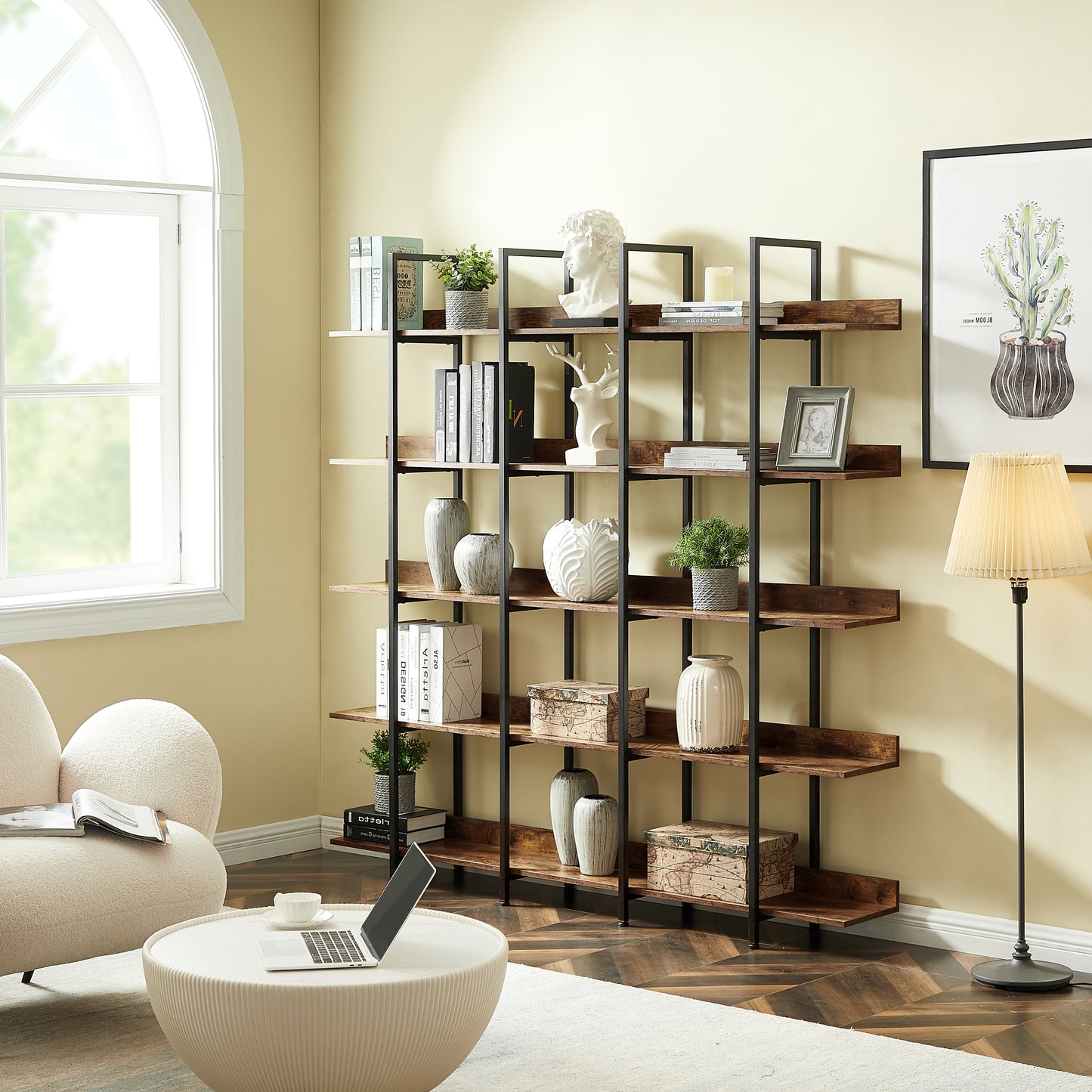 70.9" Brown MDF Steel Bookshelf - Five Tier Storage