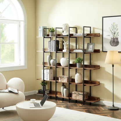 70.9" Brown MDF Steel Bookshelf - Five Tier Storage