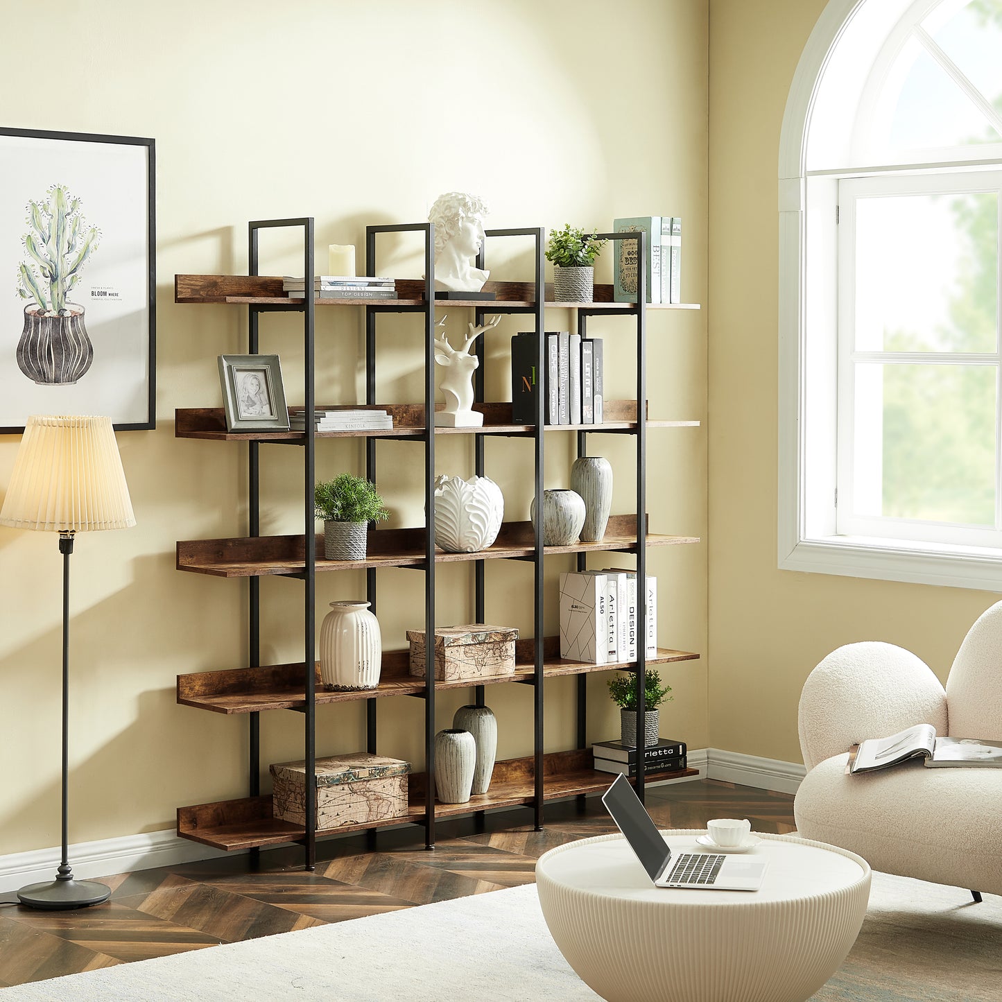 70.9" Brown MDF Steel Bookshelf - Five Tier Storage