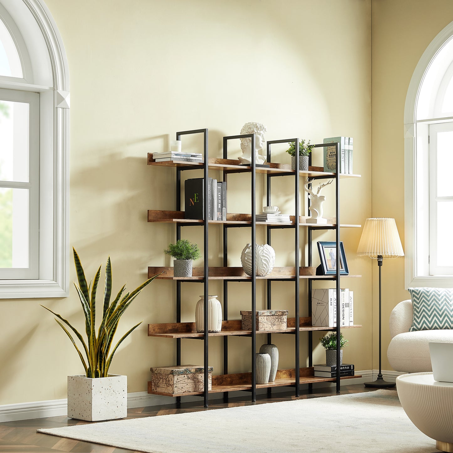 70.9" Brown MDF Steel Bookshelf - Five Tier Storage