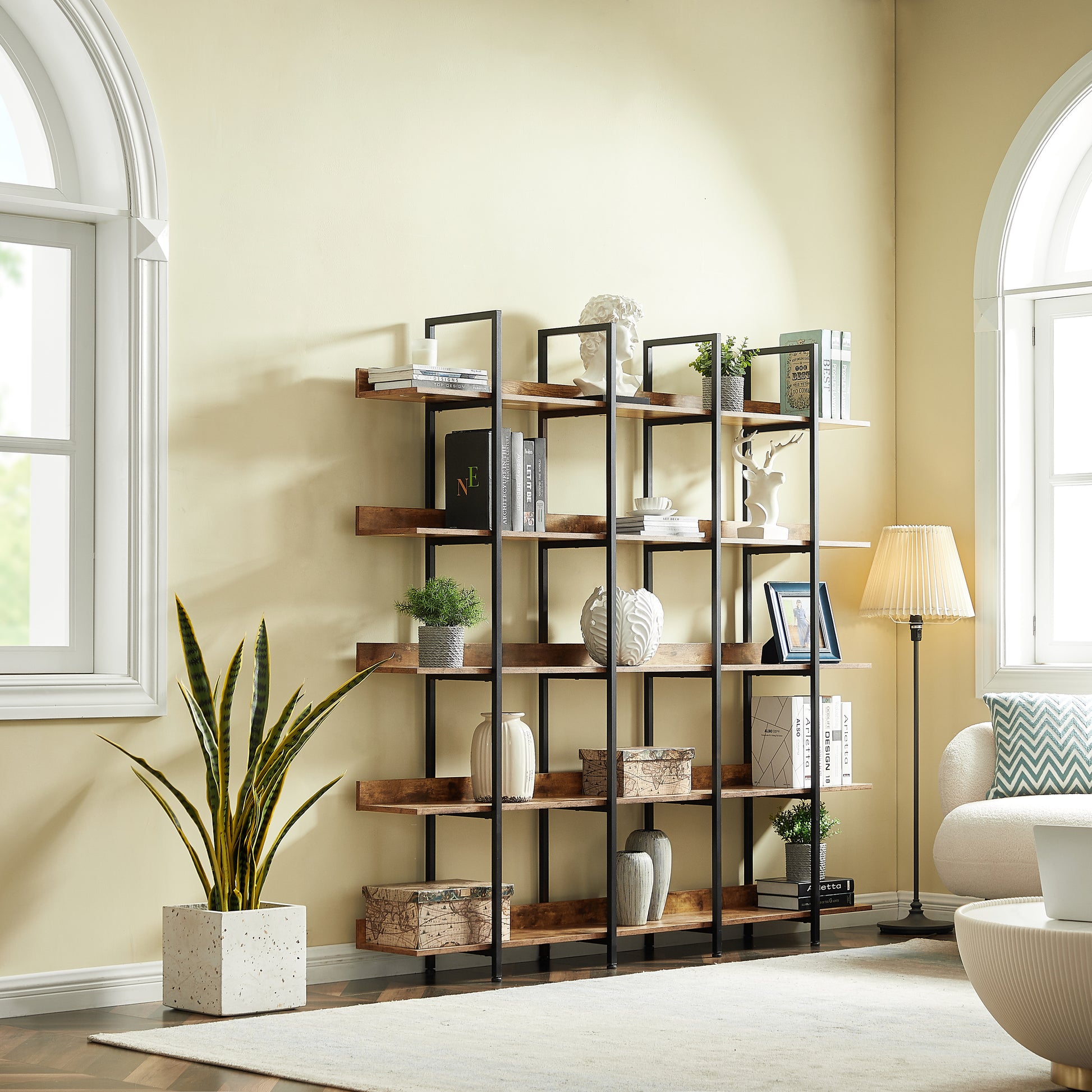 70.9" Brown MDF Steel Bookshelf - Five Tier Storage