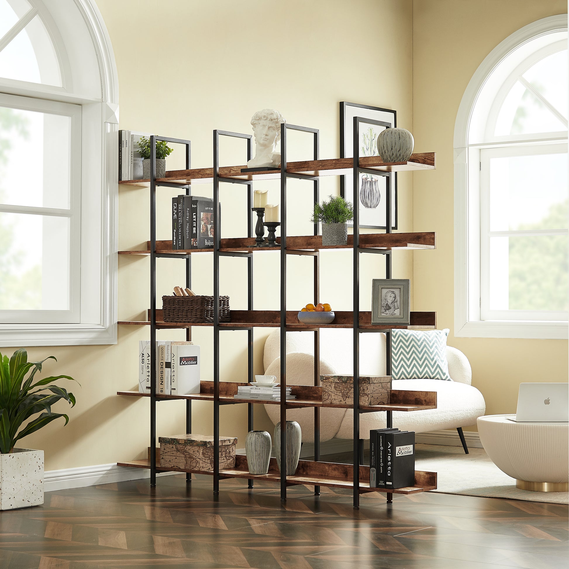 70.9" Brown MDF Steel Bookshelf - Five Tier Storage