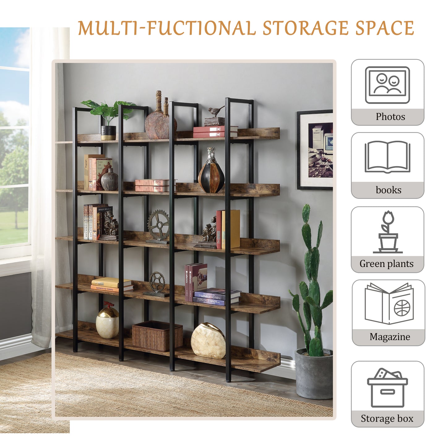 70.9" Brown MDF Steel Bookshelf - Five Tier Storage