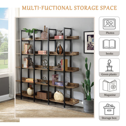 70.9" Brown MDF Steel Bookshelf - Five Tier Storage