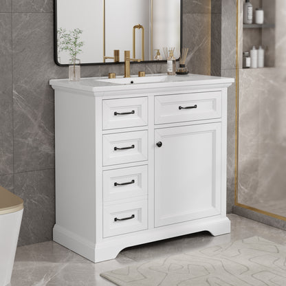 36 Inch Bathroom Vanity - White Solid Wood MDF Storage Cabinet